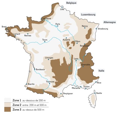 Carte des pentes selon les régions et les zones selon le DTU